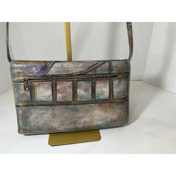 Signed Jane Yoo Purse Hand Painted Leather Crossbody 1980s Abstract Wearable Art - Picture 3 of 16